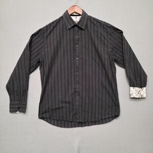 Blue Men's Brown Striped‎ Long Sleeve Button Up Flip Cuff Shirt Size Large